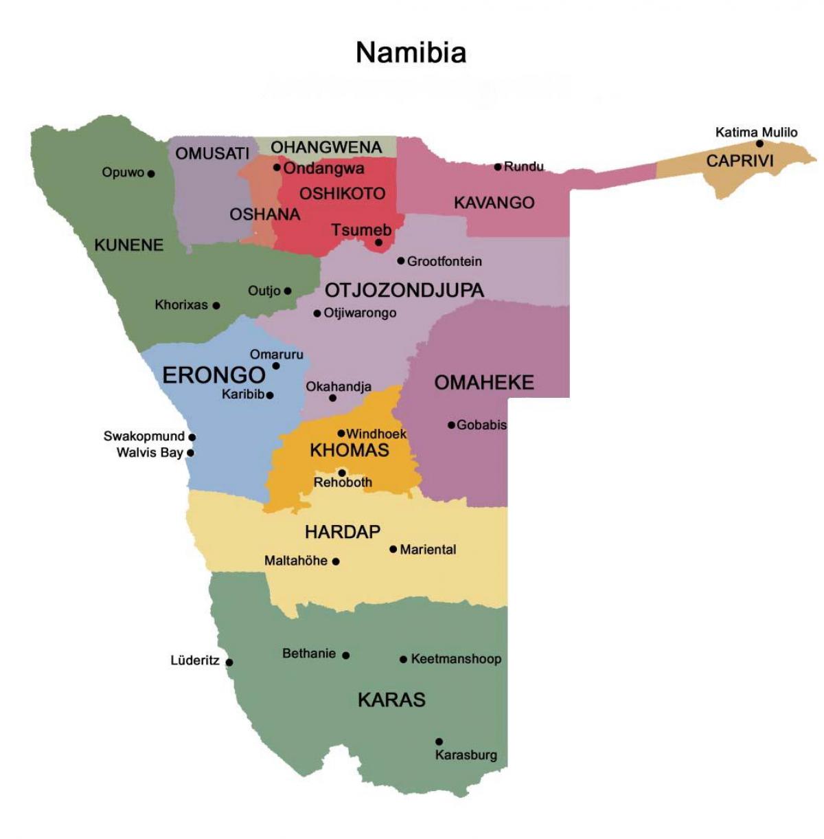 Карта Намібіі з рэгіёнамі